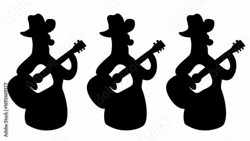 Three silhouette cowboys with hats playing guitars in a row on a white background illustration | editable eps vectors