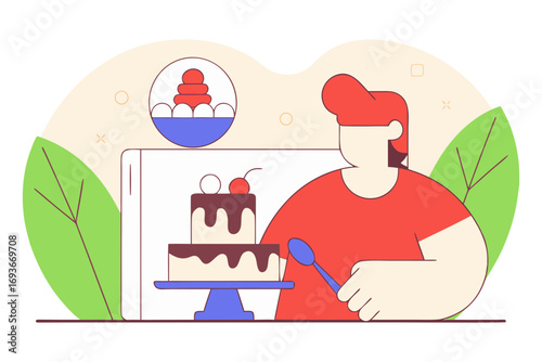 Person decorating a cake with chocolate frosting isolated on transparent background