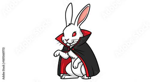 Cartoon White Rabbit Dressed in Vampire Costume with Cape.