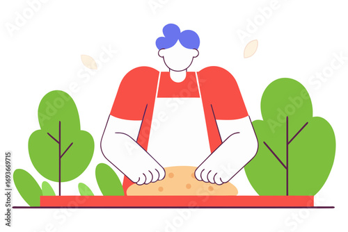 Chef kneading dough with blue hair and red shirt isolated on transparent background