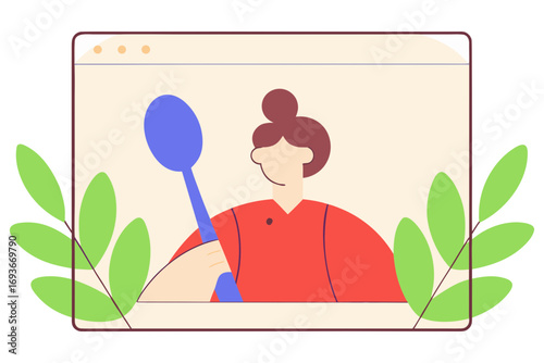 Woman holding a spoon in a digital frame with leaves isolated on transparent background