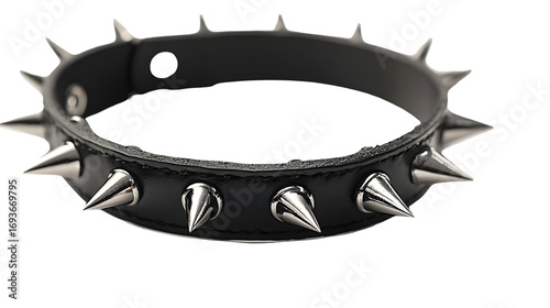 Close-up of a black leather spiked collar with metallic spikes, showcasing punk fashion and edgy style isolated on a transparent background.