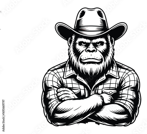 A powerful gorilla wearing a cowboy hat.
