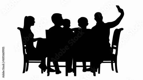Silhouette of a family sitting at a table with one member taking a selfie with a smartphone device held up | editable eps vectors