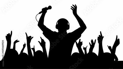 Silhouette of a dj with headphones holding a microphone with a crowd raising their hands in the air | editable eps vectors