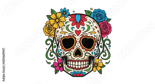 Colorful Decorated Sugar Skull with Floral Embellishments for Day of the Dead.
