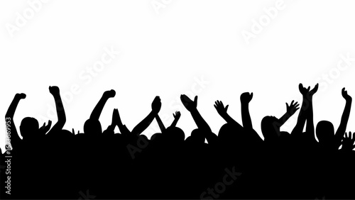 Silhouette of a crowd with raised hands in celebration and cheering against a white background space above | editable eps vectors