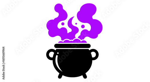 Black Cauldron Bubbling with Purple Smoke, Halloween Potion.