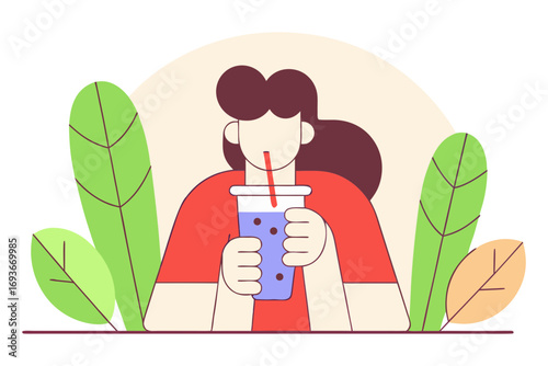 Person enjoying a refreshing drink surrounded by plants isolated on transparent background