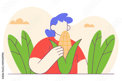 Person holding a fresh ear of corn surrounded by green leaves isolated on transparent background
