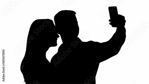 Silhouette of a couple taking a selfie with a smartphone against a white background in a simple design | editable eps vectors
