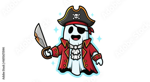 Cartoon Pirate Ghost with Eye Patch and Sword.