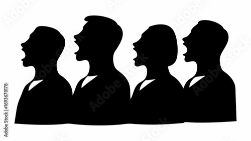 Black silhouettes of four people with open mouths in a row against a white background shouting loudly | editable eps vectors