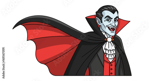 Classic Vampire Character with Red-Lined Cape and Fangs.
