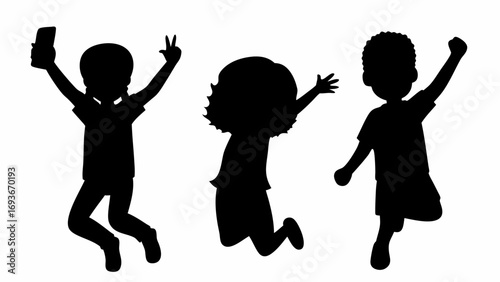 Silhouette illustration of three children jumping with excitement and joy on a white background in black color | editable eps vectors