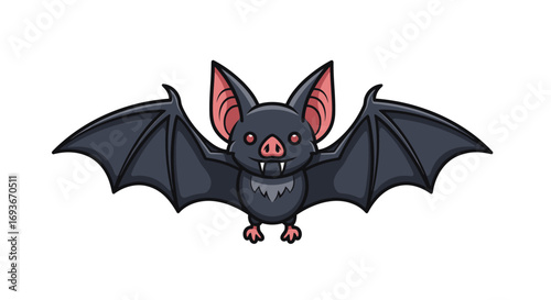 Adorable Cartoon Bat with Wide Wings and Pink Ears.