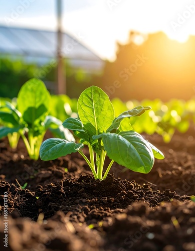 Young Greens Growing in Sunlight, Farm Field