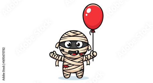 A cute and happy cartoon mummy character wrapped in bandages, holding a single red balloon.