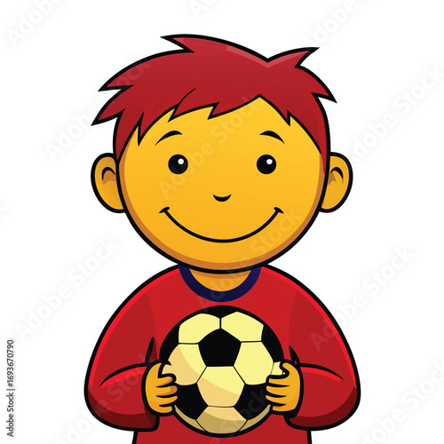 Cheerful cartoon boy with soccer ball ready to play brings sporty fun, perfect for educational materials and children's designs