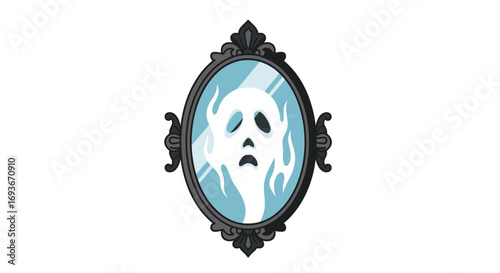 Ornate Mirror Reflecting a Weeping Ghost Figure.