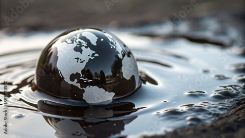 Economic risk is critical as metallic globe representing Earth sinks into dark oil, symbolizing environmental crisis and global financial instability with dramatic and urgent mood
