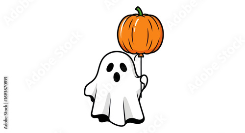 Cartoon Ghost Holding a Pumpkin Balloon for Halloween Celebration.