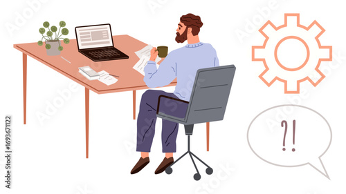 Man seated at desk reviewing documents with coffee, laptop, and plant, with gear and punctuation visuals. Ideal for productivity, problem-solving, brainstorming, remote work, office culture time