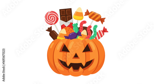 Halloween Pumpkin Filled with Assorted Candies and Chocolate.