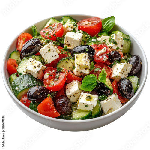Fresh greek salad featuring tomatoes cucumbers olives and feta cheese in a white bowl perfect for healthy eating and mediterranean cuisine concepts on transparent background