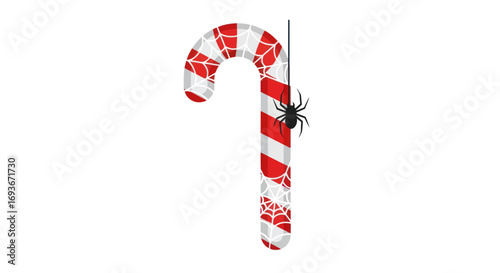 A spooky red and white striped candy cane with a black spider and web pattern.