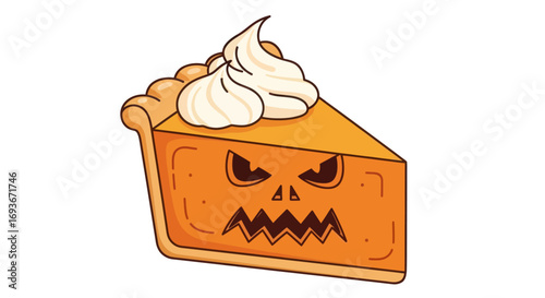 Spooky Pumpkin Face Pumpkin Pie Slice with Whipped Cream.