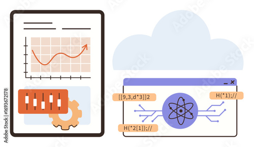 Graph with rising trend, gear, coding interface with atomic structure, and cloud. Ideal for technology, data science, machine learning, innovation, software development automation simple landing
