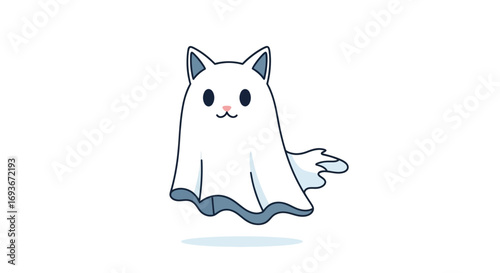 Adorable Cartoon Ghost Cat with Blue Accents and Smiling Face.