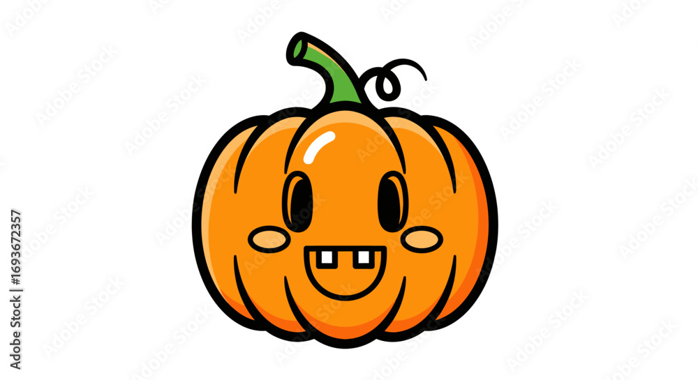 Fototapeta premium Cute Cartoon Pumpkin with a Happy Smiling Face and Green Stem.