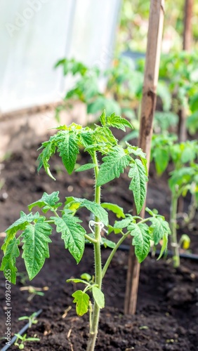 Young tomato plants growing in greenhouse