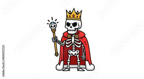 Cartoon Skeleton King with Crown and Scepter, Wearing Red Cape.