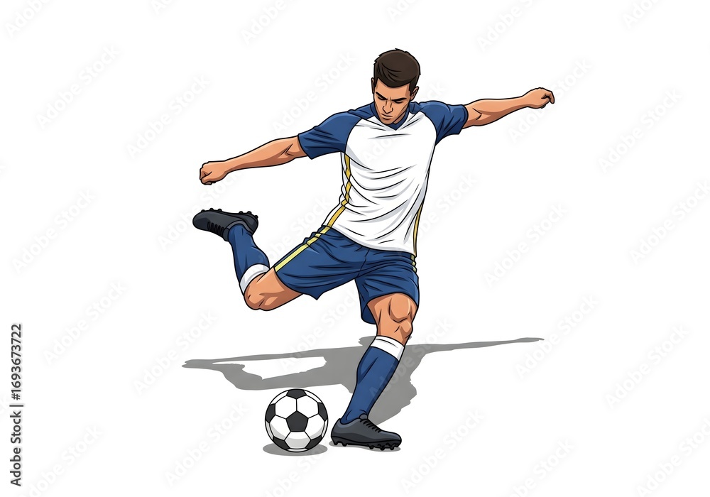 Obraz premium 2D cartoon top-down perspective of soccer player mid-kick full figure and ball