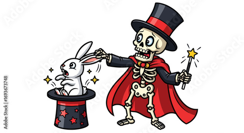 Cartoon Skeleton Magician Pulling White Rabbit from Top Hat.