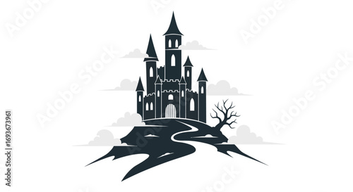 Spooky Gothic Castle Silhouette on a Craggy Hilltop with a Winding Path.