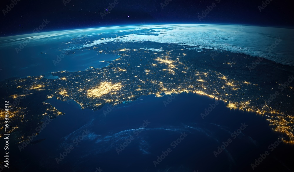 Fototapeta premium View of Earth from space at night with glowing lights across different regions, showcasing global interconnectedness and distinct geographic borders including Italy and London Victoria Island