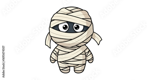 A cute and sad cartoon mummy character wrapped in beige bandages with large, expressive eyes.