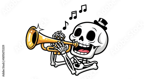 Cartoon Skeleton Playing a Trumpet with Music Notes.