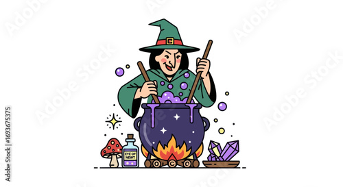 Cartoon Witch Stirring a Cauldron with Potion and Magical Elements.