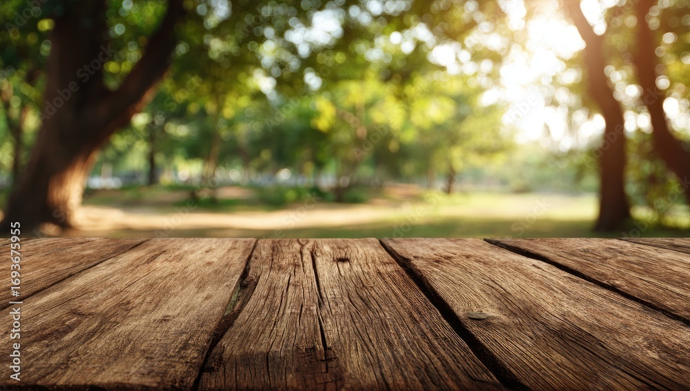Fototapeta premium Rustic wooden table in a park. Blurry greenery