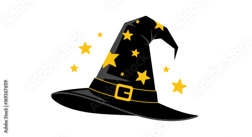 Classic Black Witchs Hat Adorned with Yellow Stars and Golden Buckle.