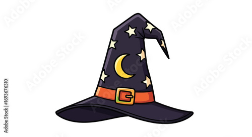 Classic black pointed witch hat with a wide brim, decorated with yellow stars, a crescent moon, and an orange band with a gold buckle.