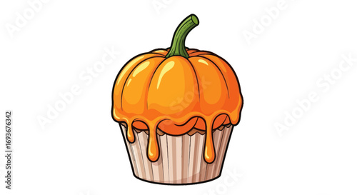 Cute Cartoon Pumpkin Cupcake with Orange Frosting and Green Stem Illustration.