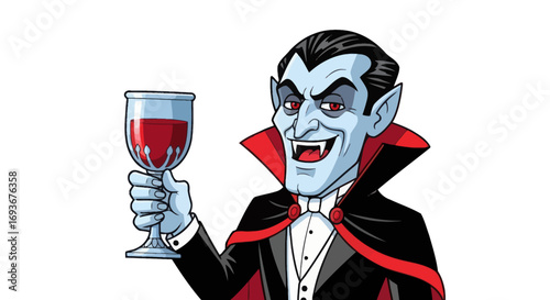 Cartoon Vampire Character Holding a Glass of Red Liquid.