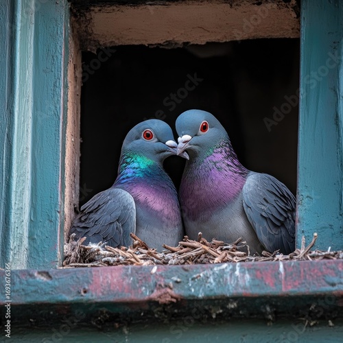 Two pigeons in a nesting box, close-up, heads touching