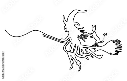 Silhouette illustration of a pumpkin witch and her cat with a broomstick continuous one line drawing